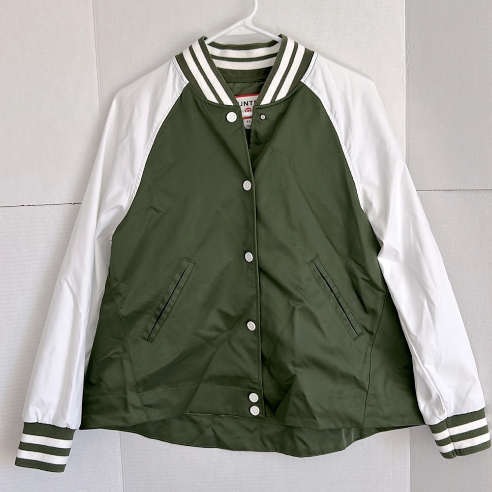 Hunter for Target women’s varsity jacket, olive/white, Size XS